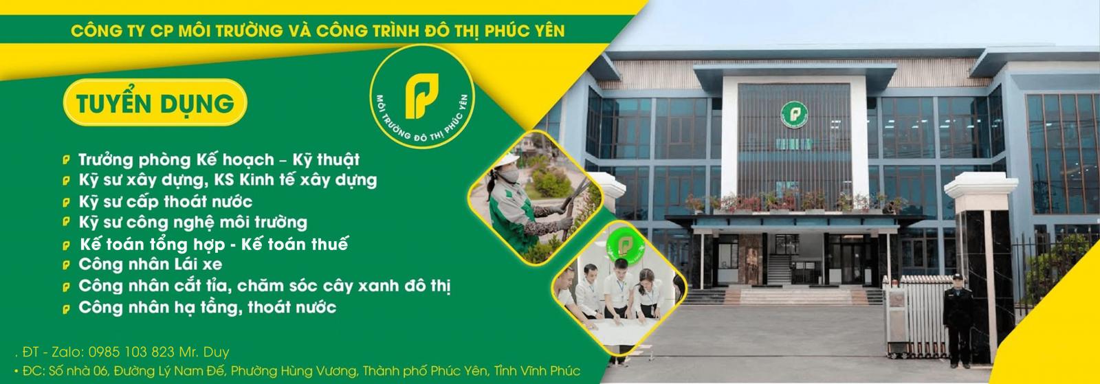 Công ty CP môi trường và CTĐT Phúc Yên tuyển dụng